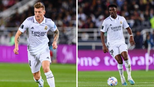 Toni Kroos, left, and Aurelien Tchouameni of Real Madrid will miss the first leg at Anfield through illness