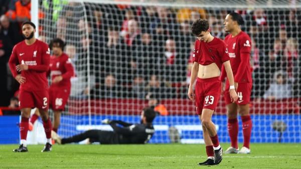 Liverpool players react during the 5-2 defeat against Real Madrid at Anfield