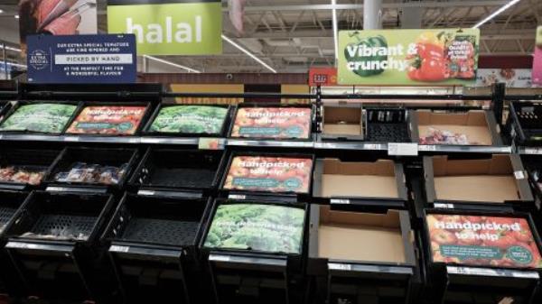 Empty fruit and vegetable shelves at an Asda store in Lo<em></em>ndon on February 21, 2023. 