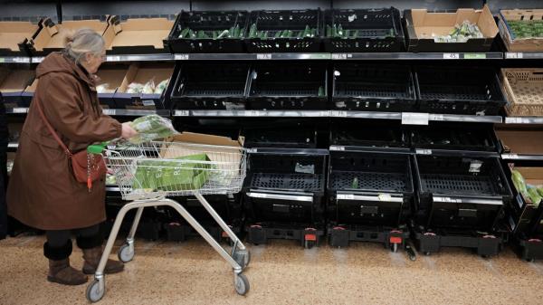 Empty fruit and vegetable shelves at an Asda in east Lo<em></em>ndon on February 21, 2023. A shortage of tomatoes affecting UK supermarkets is widening to other fruit and vegetables and is likely to last weeks, retailers have warned. Photo by Yui Mok/PA Images via Getty Images.