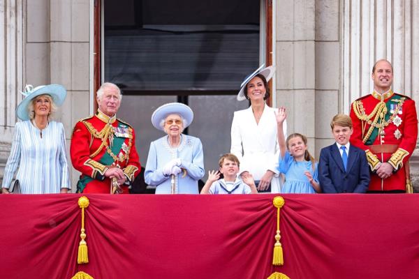 Members of the royal family watch jets roar over Buckingham Palace during the Trooping the Colour parade in Lo<em></em>ndon in June 2022. From left are Camilla, Charles, Queen Elizabeth II, Prince Louis, Duchess Catherine, Princess Charlotte, Prince George and Prince William.