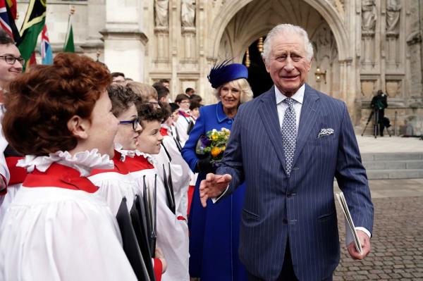 Charles and Camilla meet with choristers at Westminster Abbey following a Commo<em></em>nwealth Day Service in Lo<em></em>ndon in March 2023.