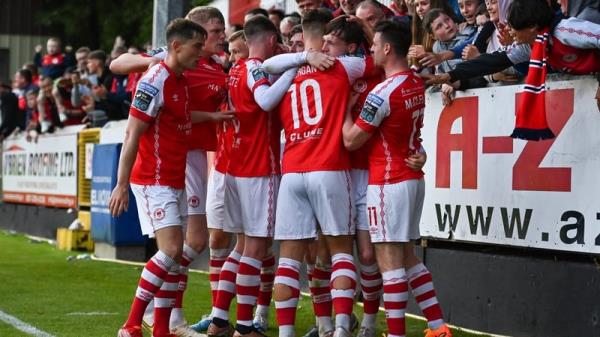 Co<em></em>nor Carty of St Patrick's Athletic, second from right, celebrates with teammates