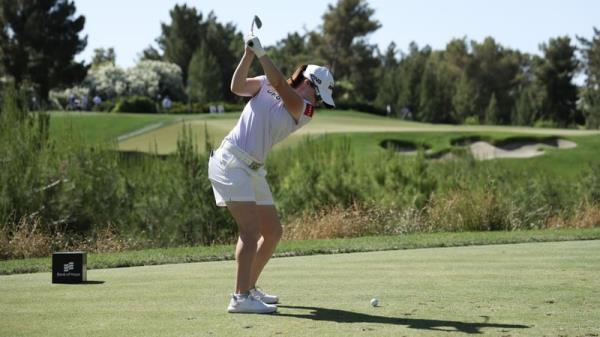 Leona Maguire of Ireland hits a tee shot on the fifth hole