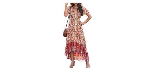 PRETTYGARDEN Deep V Neck Bohemian Floral Summer Dress