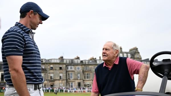 Jack Nicklaus talks to Rory McIlroy during the Celebration of Champions prior to The 150th Open at St Andrews Old Course on 11 July, 2022