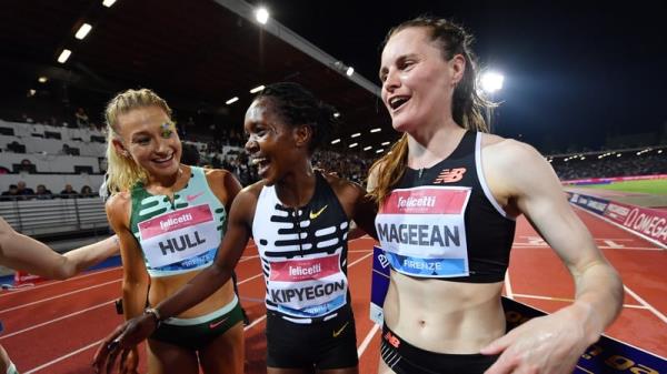 Jessica Hull, Faith Kipyegon and Ciara Mageean after the race