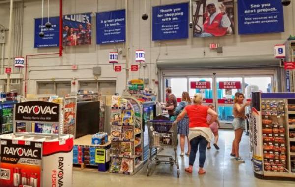 Lowe's home improvement store check out cash register counter customers, Peabody, Massachusetts USA, May 5, 2018