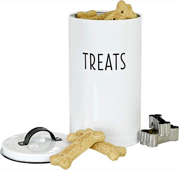 White enamel treat tin with biscuits